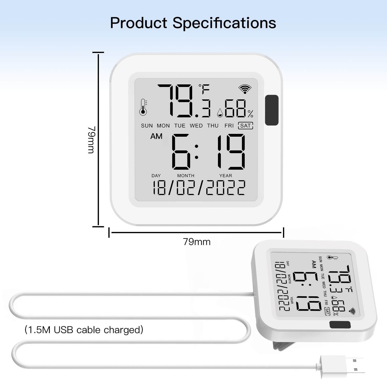 Dimensions du capteur de température et d’humidité avec écran LCD WiFi Moes WSS-FL-TH16-WH-EN