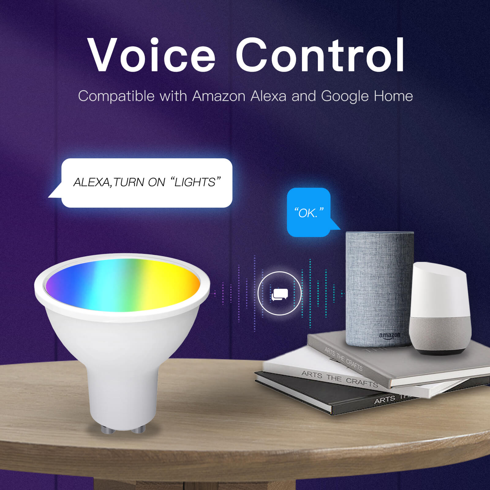 Contrôle vocal avec Alexa et Google Assistant avec l'ampoule LED RGB GU10 WiFi Moes ZB-TD5-RCW-GU10-MS