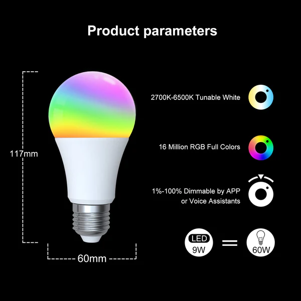 Dimensions de l'ampoule RGBW E24 ZigBee Moes ZB-TDA9-RCW-E27-MS