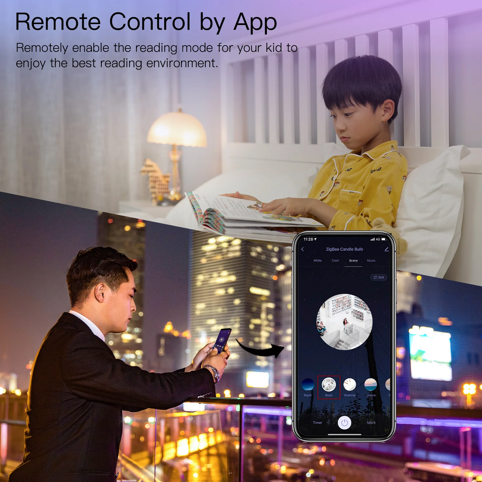 Contrôle à distance par l'application Moes ou Tuya Smart Life avec l'ampoule RGBW E14 ZigBee Moes ZB-TDC5-RCW-E14-MS