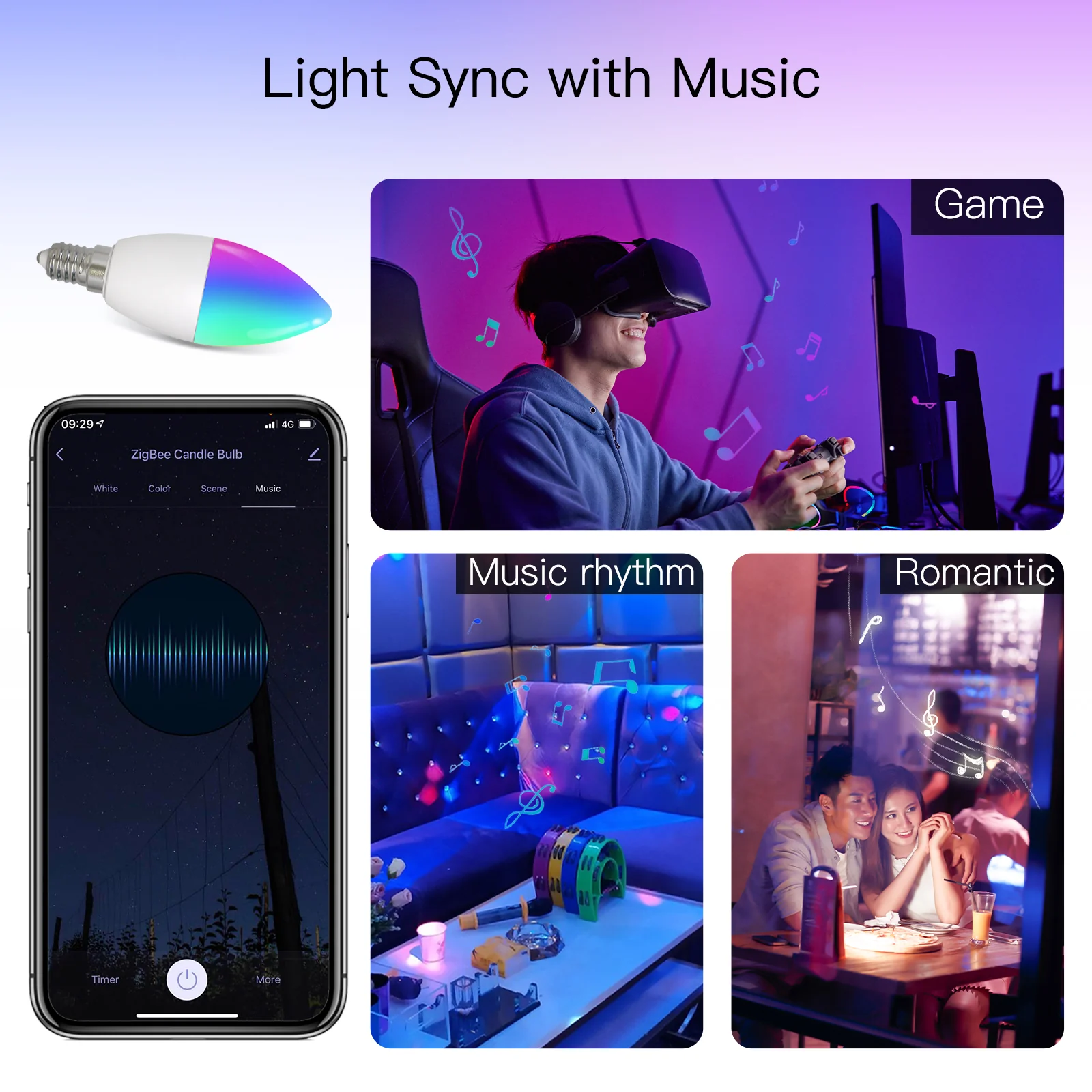 Synchronisation avec la musique avec l'ampoule RGBW E14 ZigBee Moes ZB-TDC5-RCW-E14-MS