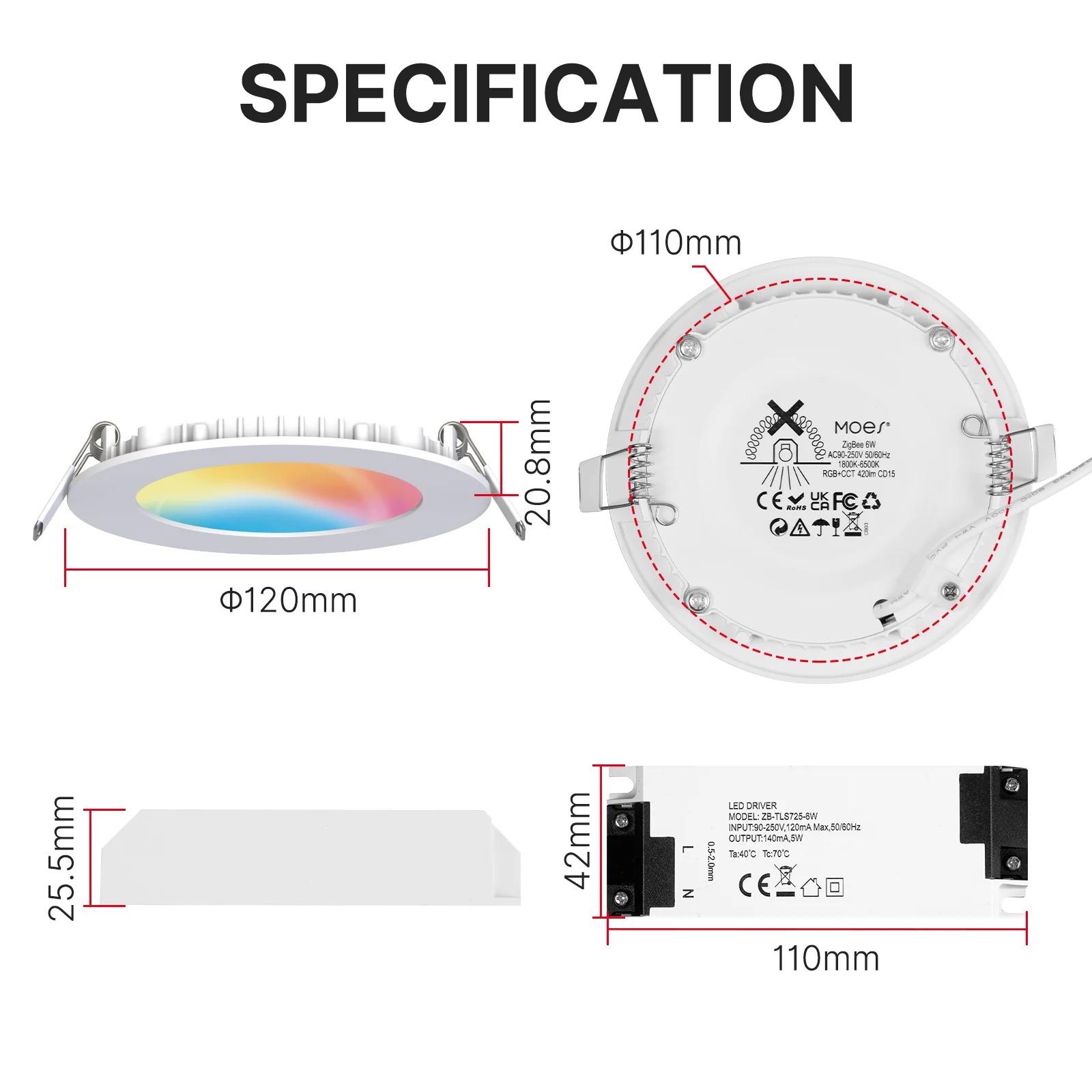 Dimensions du spot RGBW ZigBee Moes ZB-TDD6-RCW-4-MS