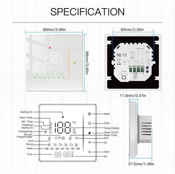 Dimensions du thermostat tactile ZigBee Moes ZHT-006-GA-XX-MS