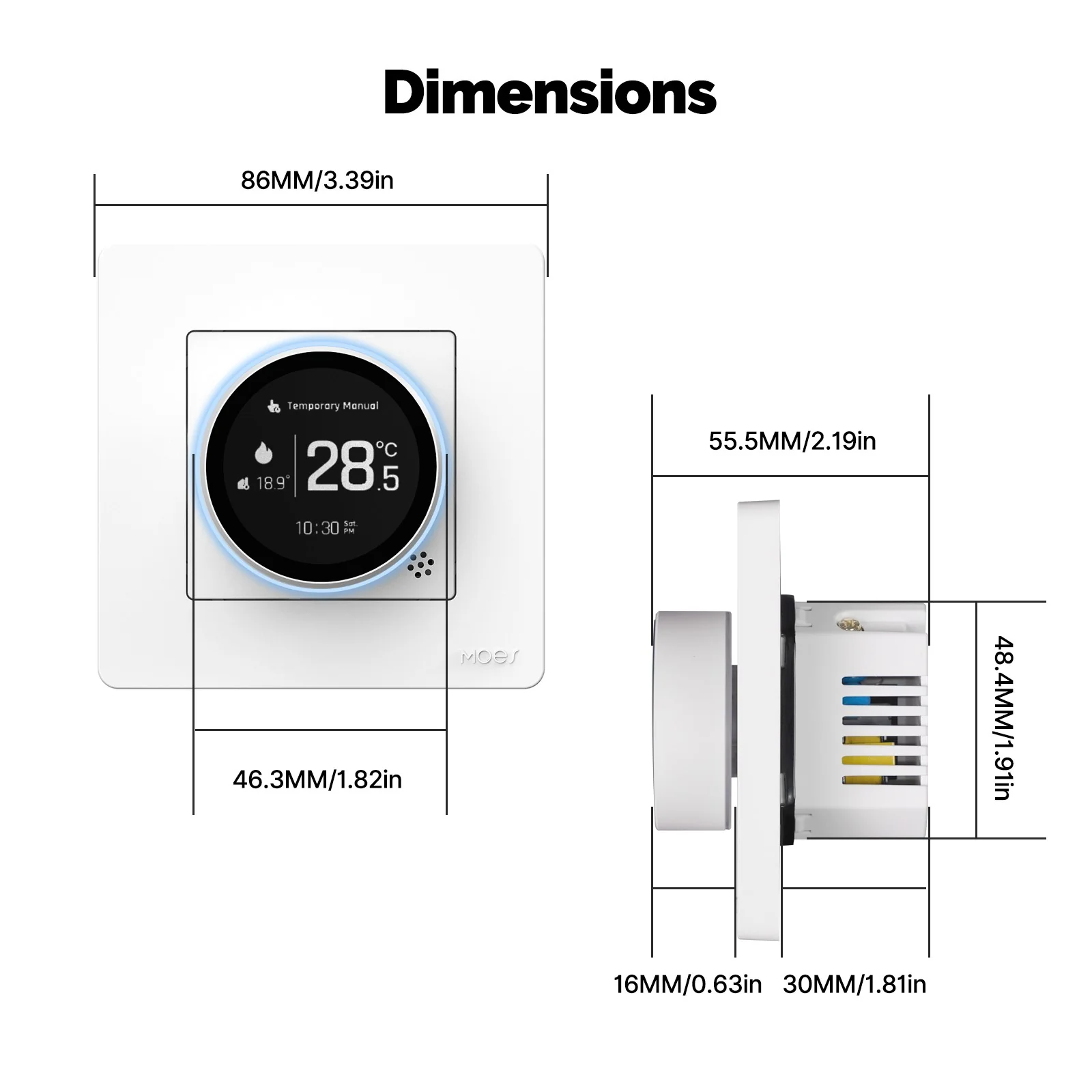 Dimensions du thermostat pour plancher chauffant hydraulique ZigBee Moes ZHT-SR-GA-XX-MS