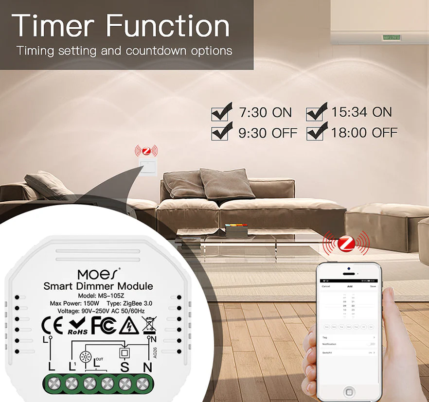 Fonction timer du micromodule variateur de lumière ZigBee Moes ZM-105-MS