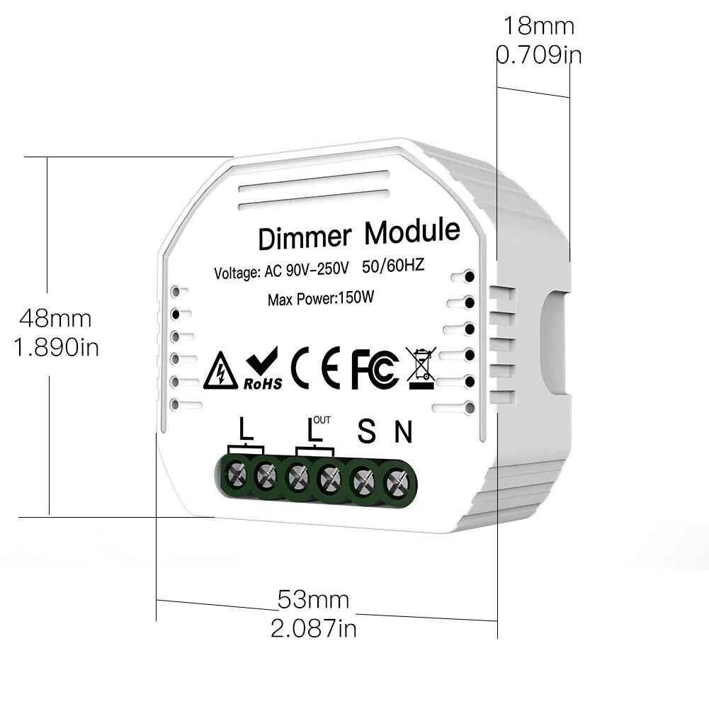 Dimensions du micromodule variateur de lumière ZigBee Moes ZM-105-MS