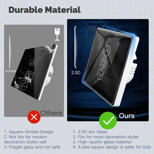 Contrôle tactile élégant et réactif avec l'interrupteur pour volets roulants ZigBee Moes ZRS-EUC-3D-XX-MS