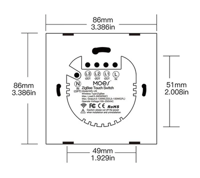 Dimensions de l'interrupteur pour éclairage ZigBee Moes ZS-B-EU1-WH-MS