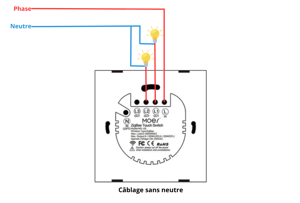 Câblage électrique sans neutre de l'interrupteur pour éclairage ZigBee Moes ZS-EU2-XX-MS