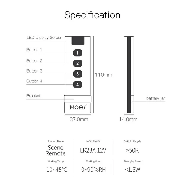 Dimensions de la télécommande ZigBee Moes ZS-SR4-2169-MS