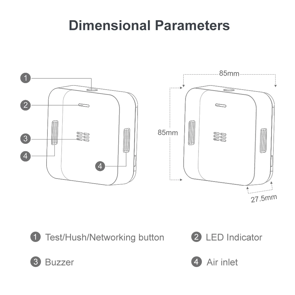 Dimensions du détecteur de monoxyde de carbon ZigBee Moes ZSS-HM-CO-A-MS