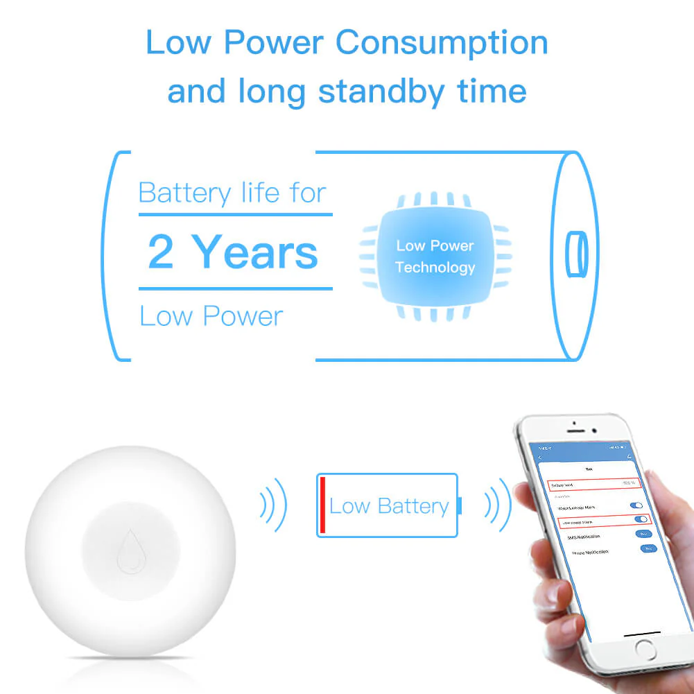 Conception écoénergétique et autonomie étendue du détecteur de fuite d'eau Zigbee Moes ZSS-QY-WL-C-MS