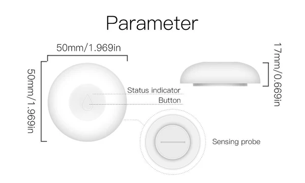 Dimensions du détecteur d'inondation ZigBee Moes ZSS-QY-WL-C-MS