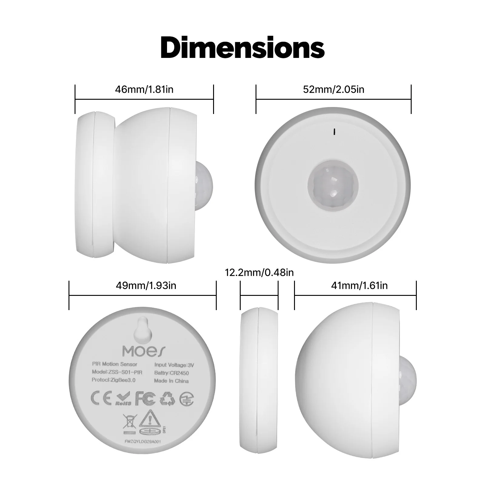 Dimensions du détecteur de mouvements ZigBee Moes ZSS-S01-PIR-C-MS