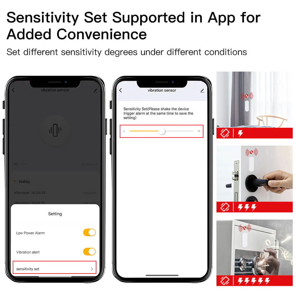 Ensemble de sensibité personnalisable avec le capteur de vibrations ZigBee Moes ZSS-Z-VBR-A-EN
