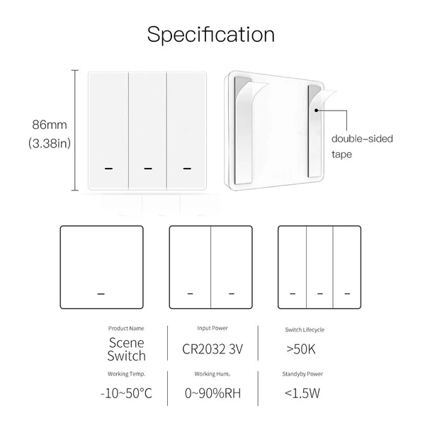 Dimensions de l'interrupteur émetteur contrôleur de scènes ZigBee Moes ZT-B-EU1-MS