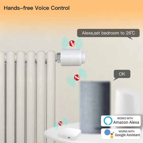 Contrôle vocal intégré avec la tête thermostatique ZigBee Moes ZTRV-PJ-601-MS
