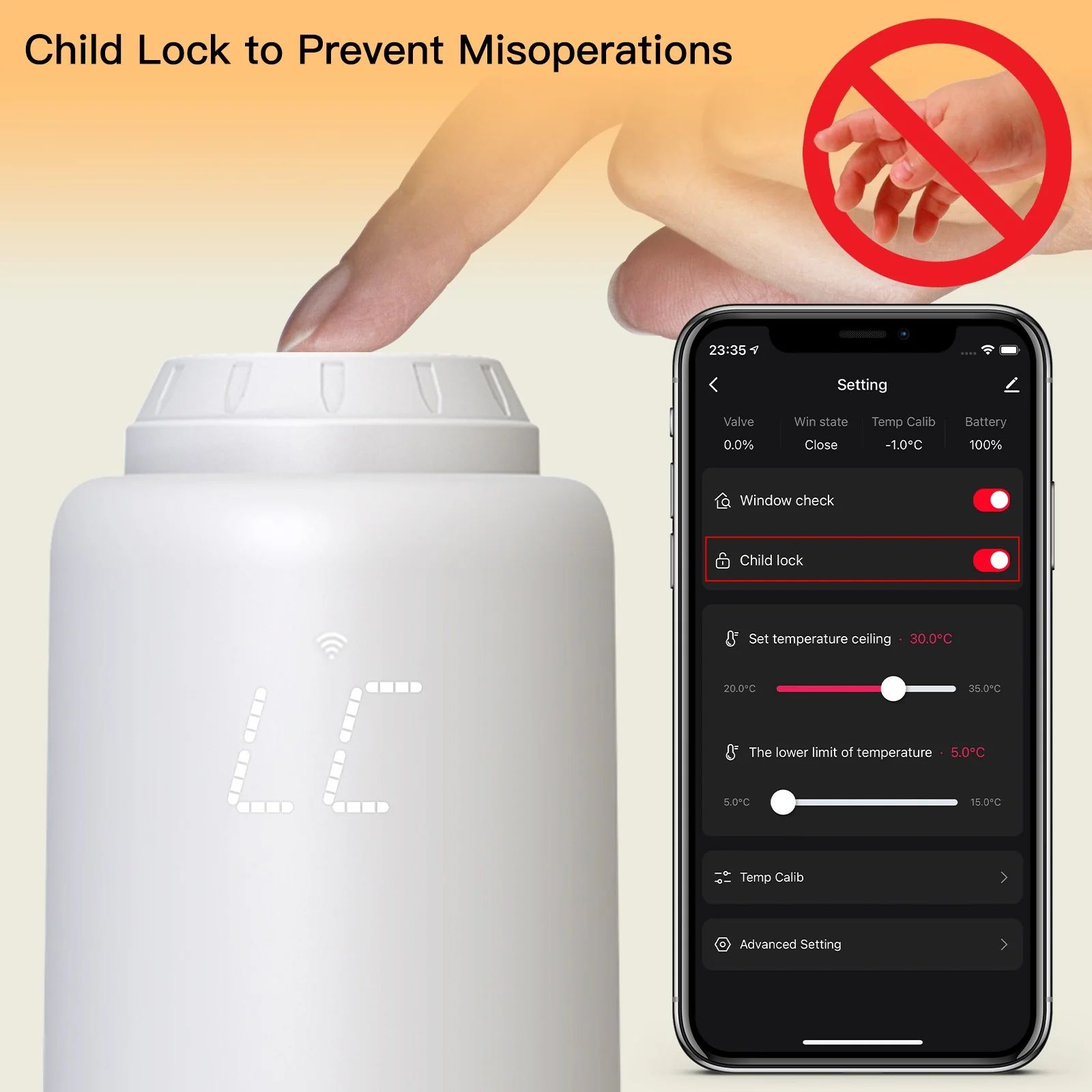 Sécurité du verrouillage enfant avec la tête thermostatique ZigBee Moes ZTRV-PJ-601-MS