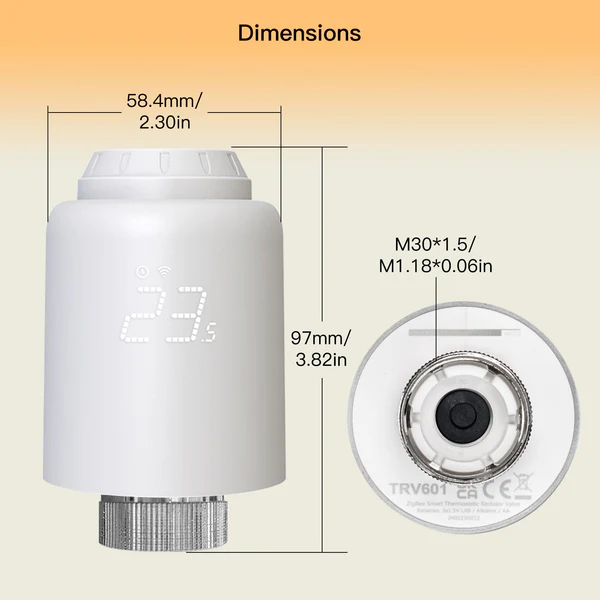 Dimensions de la tête thermostatique ZigBee Moes ZTRV-PJ-601-MS