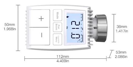 Dimensions de la tête thermostatique ZigBee Moes ZTRV-PJ-601-MS