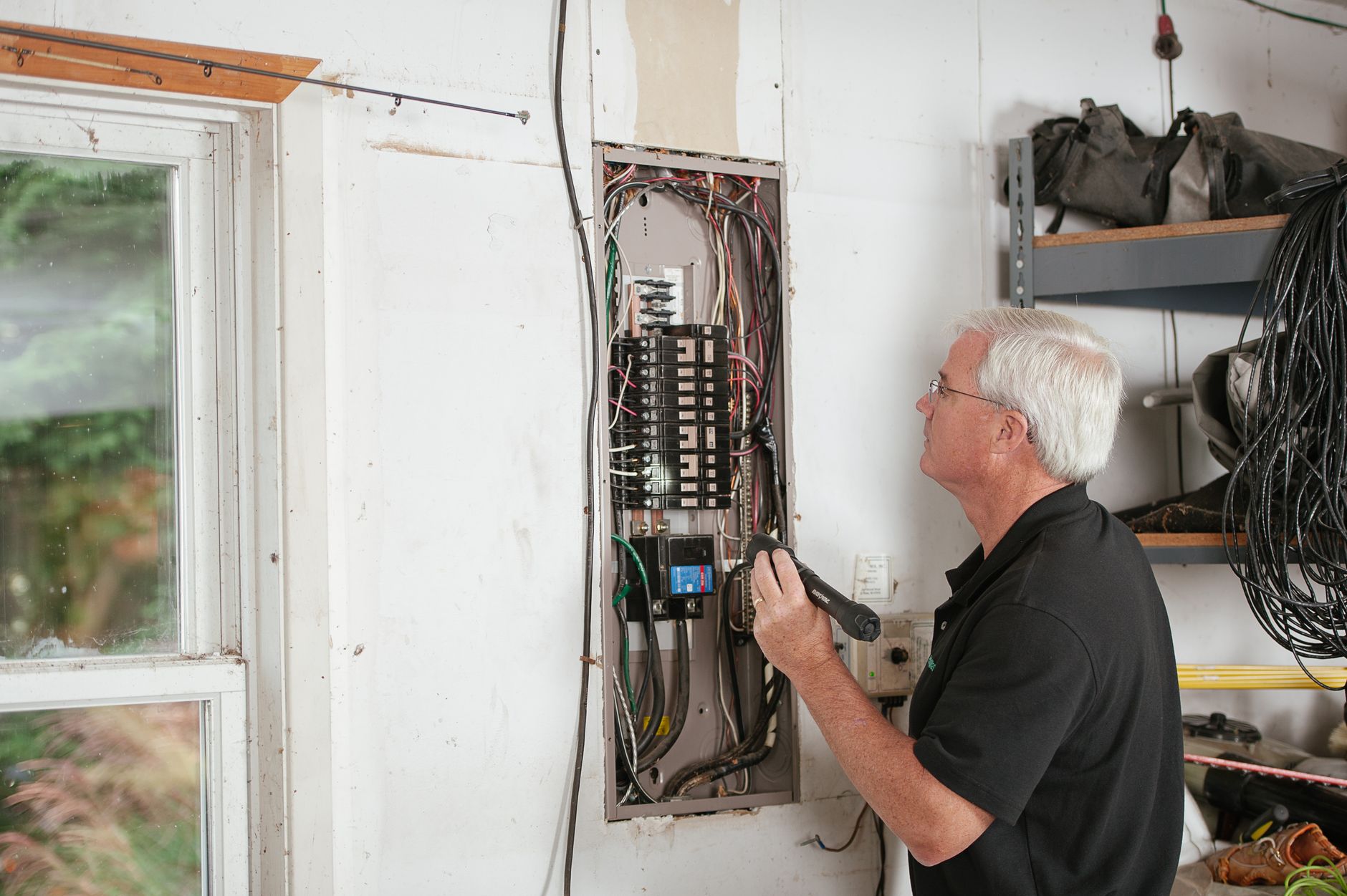 Électricien qui vérifie un tableau électrique